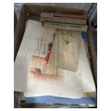Flat of old calendar prints , books and misc.