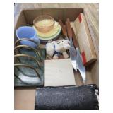 Flat of child tea saucers, Lobster shear, Knives,