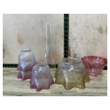 Flat of 4 art glass lamp shades and one chimney