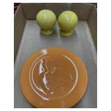 Fiesta salt and pepper shakers and fiesta plate