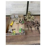 Flat of lamp finials, misc, glass metal hooks and