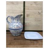 Spongeware pitcher and blue glass plate