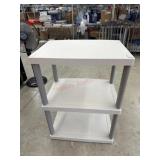 White and gray three tier shelf. 26 x 19 x 36