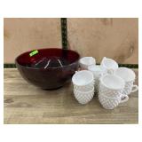 Ruby red punch bowl with 12 white hobnail cups