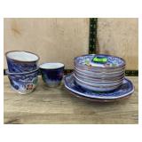13 pieces of Staffordshire flow blue and copper