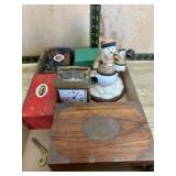 Flat with clock. Purdue snowman, wood box and