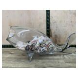 Glass fish dish with shells- has chips