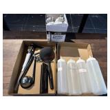 Flat of utensils, service bell, squeeze bottles