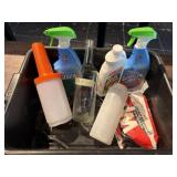 Bus tub with cleaners. Sanitizers. Mixer bottles