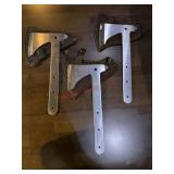 3 metal throwing axes with sheeths