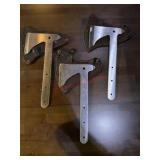 3 metal throwing axes with sheeths