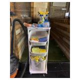 Rolling rack of cleaning supplies and rags