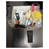 Box of office supplies, coasters