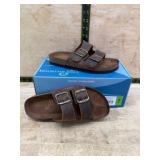 Brown Double-Buckle Leather Sandals, Size 7