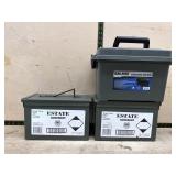 2 metal and 1 plastic ammo cans