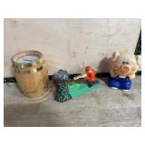 Three Novelty Coin Banks Barrel, Hunter, Pig