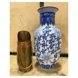 Blue and White Ceramic Vase, Brass Coal Scuttle