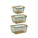3 Green Wire Baskets with Wood Handles