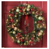 Pre-Lit 32 Inch Decorated Red Wreath