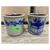 Pair Stoneware Crocks Blue Decor Dover N.H.