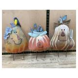 3 Pumpkin Face Garden Stakes Decor