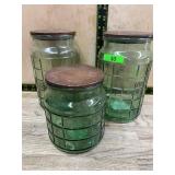 3 Green Glass Jars with Wood Lids