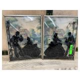 Pair Silhouette Glass Art Panels Rural Scene