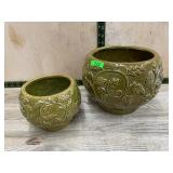 Pair Green Vine Glazed Stoneware Planters