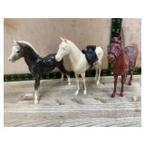 3 Plastic Model Horses With Saddles
