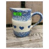 Blue Spongeware Stoneware Pitcher with Hearts