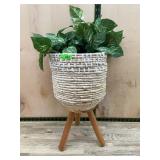 Woven Basket Planter With Stand And Faux Plant