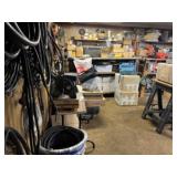 LOT CONTENTS OF UPSTAIRS ROOM - FAN BELTS, TOOLS,