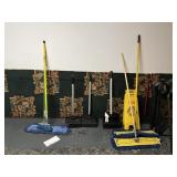 ASSORTED DUST PANS, DUST MOPS, BROOMS, CAUTION SIG