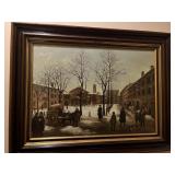 MENS ROOM - 4- FRAMED ARTWORK, 1- ARMLESS BLACK SO