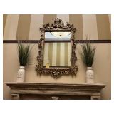 FRAMED MIRROR WITH 2 ARTIFICIAL PLANTS IN PORCELAI