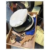 HATS & WOOD PIECES IN WOOD TRAY