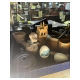 ANTIQUES WITH VELVET TRAY - JAR, FIGURINES, EGGS,