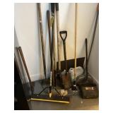 LOT GARDEN & CLEANING TOOLS - HOES, SHOVELS, POST