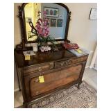 ANTIQUE CHEST ON WHEELS WITH MIRROR & 5 DRAWERS