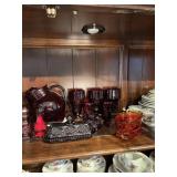 ASSORTED RED GLASS DINNERWARE, GLASSES & BOWLS