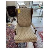 WOOD CHAIR WITH BLUE & TAN CLOTH