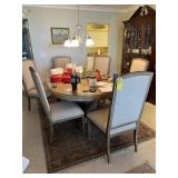 DINING TABLE WITH LEAF & 6 BEIGE FABRIC CHAIRS