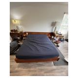 WOOD FRAME QUEEN SIZE BED WITH ATTACHED SIDE COMPA