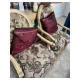 ORNATE WOOD FRAME ARM CHAIRS WITH FLORAL FABRIC