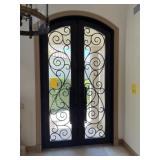 SET FRONT DOORS - WOOD / WROUGHT IRON / GLASS - WI