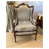 CARVED WOOD WITH BLUE SILK CLOTH WING BACK CHAIRS