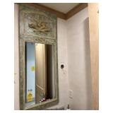 GREEN & GOLD FRAMED MIRROR WITH DECORATIVE TOP - A