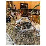 CERAMIC ROSE BOWL WITH 10 ASSORTED STONE EGGS