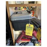 TOOL BOX WITH ASSORTED CONTENTS - HOLE SAWS, DRILL