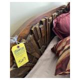 QUEEN SIZE BED WITH CARVED WOOD HEADBOARD & BEDDIN